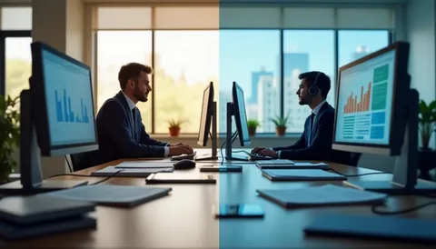 Business professionals working on computers in a modern office, showcasing B2B sales, outsourced SDR services, and outbound lead generation strategies.